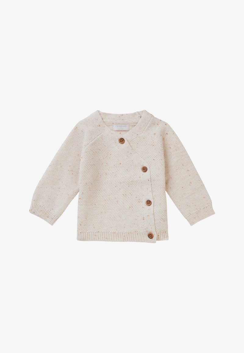 Kremowy sweter z dzianiny o teksturowanym wzorze, z krzyżującym się krojem, długimi rękawami i czterema drewnianymi guzikami z przodu.