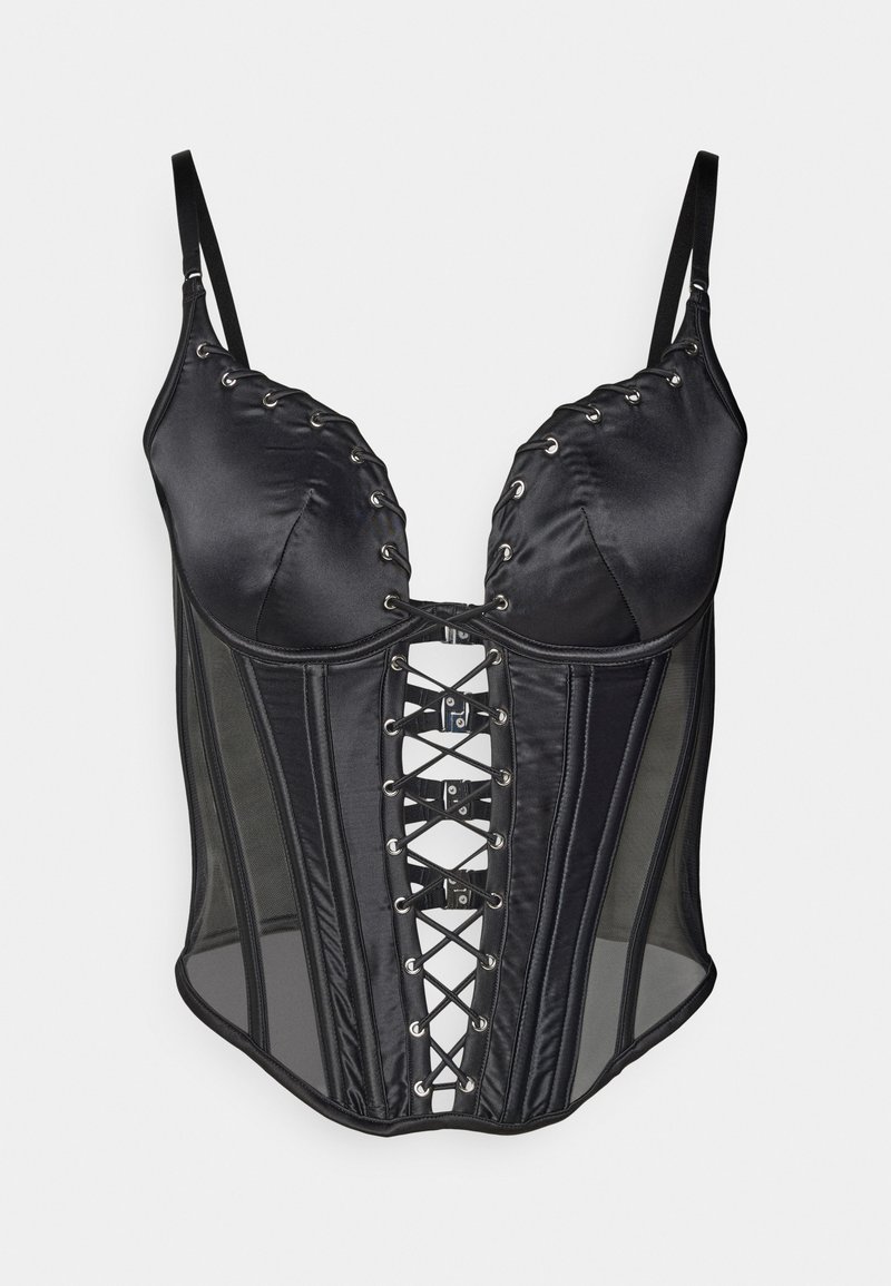 Corset negru din satin cu față cu șnur, laterale din plasă, cupe cu arcuri și bretele ajustabile; are ochiuri argintii și închidere cu cârlig și ureche.