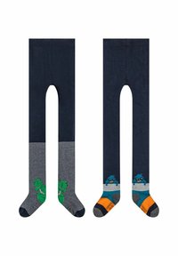 Zwei Paare Kinderstrumpfhosen: eine mit einem grünen Dinosaurier-Motiv und gestreiftem Muster, die andere mit einem blauen Monster-Motiv und Farbkasten.