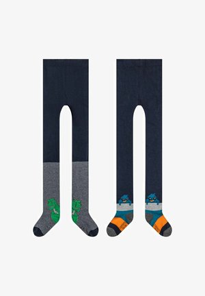 Zwei Paare Kinderstrumpfhosen: eine mit einem grünen Dinosaurier-Motiv und gestreiftem Muster, die andere mit einem blauen Monster-Motiv und Farbkasten.