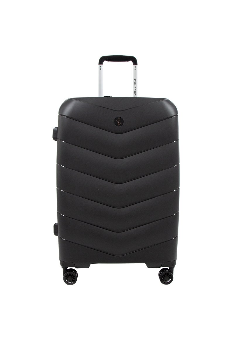 A sleek black suitcase with a chevron pattern, equipped with a retractable handle and four wheels for easy mobility.