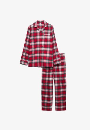 Červené kárované pyžamo s dlouhými rukávy, košilí na knoflíky s kapsou a odpovídajícími kalhotami s elastickým pasem, obojí z bavlněné látky.