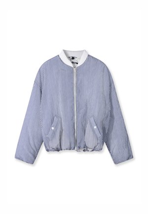 Bomber a righe blu e bianche con zip frontale, colletto a coste bianco e due tasche laterali. Orlo elasticizzato per una vestibilità aderente.
