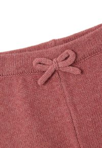 Geweven roze stof met een gestructureerde afwerking, voorzien van een gestrikt strikje bij de taille en een ribbelrand voor aanpassing van de pasvorm.