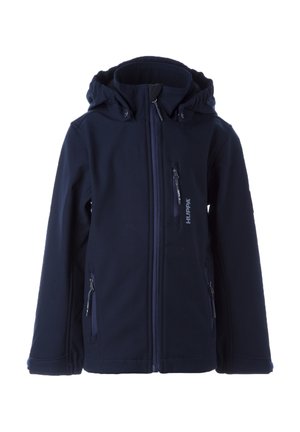Marineblauwe hooded softshell jas met frontale rits, twee zijzakken met rits en één borstzak met rits, met het "HUPPA" logo op de borst.