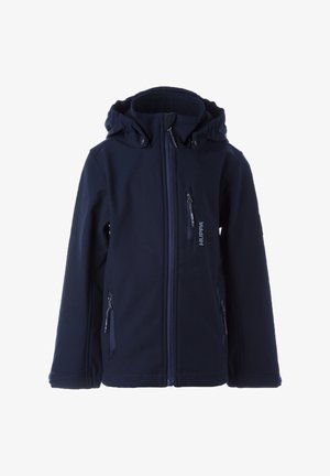 Marineblauwe hooded softshell jas met frontale rits, twee zijzakken met rits en één borstzak met rits, met het "HUPPA" logo op de borst.