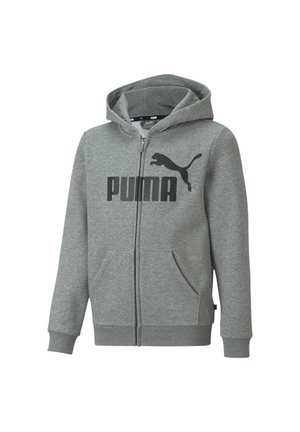 Grå hættetrøje med lynlås, forlommer og sort Puma-logo med springende kat på brystet, med ribstrikkede manchetter og taljebånd.