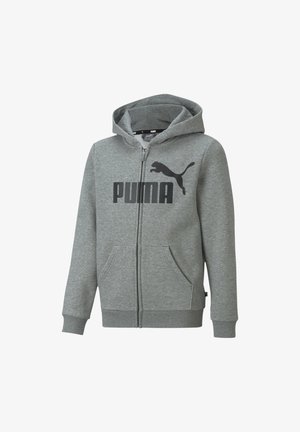 Sweat à capuche gris zippé avec poches frontales et logo Puma noir avec un chat sautant sur la poitrine, doté de poignets et d'une ceinture côtelés.