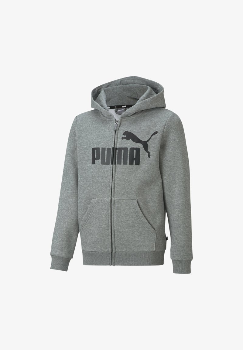 Sweat à capuche gris zippé avec poches frontales et logo Puma noir avec un chat sautant sur la poitrine, doté de poignets et d'une ceinture côtelés.