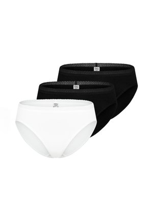 Set of three women's cotton briefs with lace trim, two black and one white, displayed on a white background.