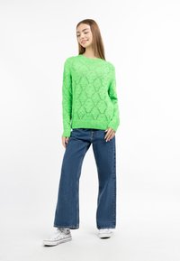 Morbido maglione verde brillante lavorato a maglia con motivi a diamante, abbinato a jeans blu larghi. Il modello indossa sneakers bianche con un design semplice.
