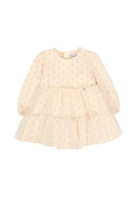 Vestido de bebé de manga larga en un tono melocotón claro con pequeños patrones de lazo, cintura fruncida y falda con volantes en capas.