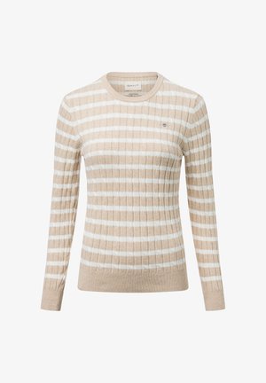 Beige-weißer gestreifter Pullover mit geripptem Muster, rundem Ausschnitt und langen Ärmeln. Verfügt über ein kleines gesticktes Logo auf der Brust.