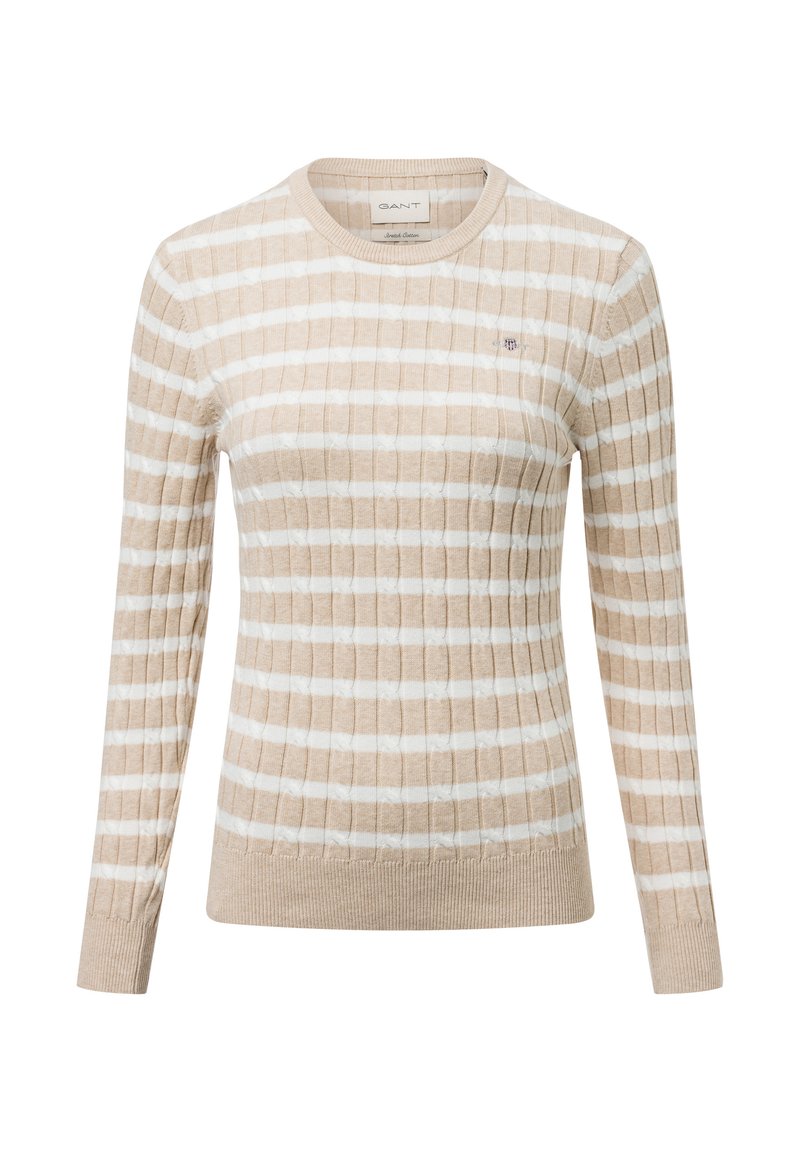 Beige-weißer gestreifter Pullover mit geripptem Muster, rundem Ausschnitt und langen Ärmeln. Verfügt über ein kleines gesticktes Logo auf der Brust.