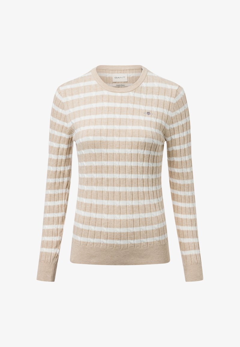 Beige-weißer gestreifter Pullover mit geripptem Muster, rundem Ausschnitt und langen Ärmeln. Verfügt über ein kleines gesticktes Logo auf der Brust.