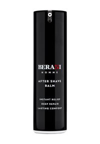 Czarny cylindryczny pojemnik balsamu po goleniu z białym napisem: "BERANI HOMME", "NATYCHMIASTOWA ULGA", "GŁĘBOKA NAPRAWA", "DŁUGOTRWAŁY KOMFORT."