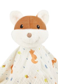 Fox-shaped plush toy with a textured, brown corduroy head, white fluffy face, and a patterned blanket featuring orange foxes and colorful accents.
