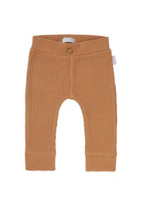 Babyhose aus leicht braunem, waffle-texturiertem Stoff mit elastischem Bund und einem einzelnen Knopfdetail. Eng anliegende Bündchen an den Knöcheln. Aus weichem Baumwollmaterial.