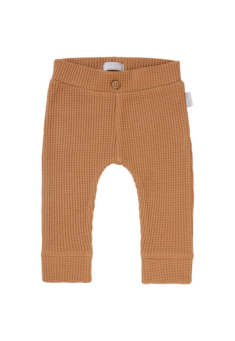 Babyhose aus leicht braunem, waffle-texturiertem Stoff mit elastischem Bund und einem einzelnen Knopfdetail. Eng anliegende Bündchen an den Knöcheln. Aus weichem Baumwollmaterial.