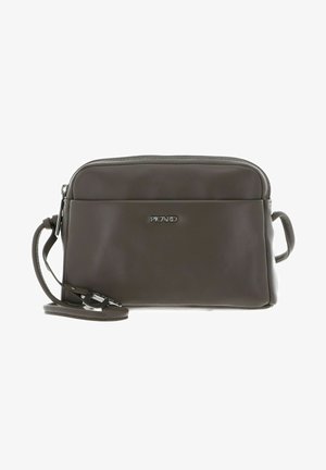 Brown leather shoulder bag with smooth texture, zip closure, adjustable strap, and logo detail on the front. Rectangular shape.