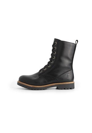 Black leather ankle boot with a round toe, lace-up front, metal eyelets, and a rubber sole. Features a stitched welt and a loop at the heel.