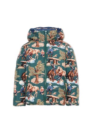 Veste à capuche verte avec fermeture éclair, décorée de cow-boys, de chevaux et d'arbres dans un motif scène de ranch western.