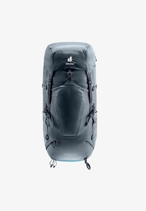 Gray backpack with a sleek design, made from durable fabric. Features adjustable straps, multiple pockets, and a prominent logo at the top.