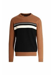 Brązowy i czarny sweter z okrągłym dekoltem, długimi rękawami oraz poziomym paskiem w białym i czarnym kolorze na piersi.