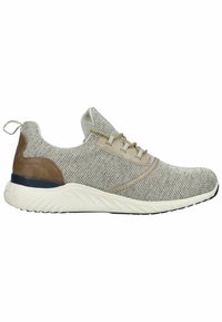 Leichte Sneaker aus grauem Gewebe mit hellbraunen Lederakzenten, runder Form, gepolstertem Schaft und flexibler, weißer Sohle mit strukturiertem Profil.
