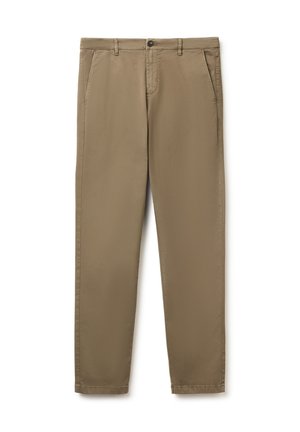 Beige gerade Hose mit vorderer Knopfleiste, Reißverschluss, Gürtelschlaufen und schrägen Seitentaschen.