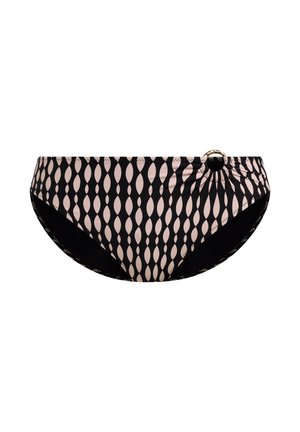 Bas de bikini noir et rose présentant un motif avec des formes en goutte, un tissu froncé et un anneau doré en accent sur le côté.