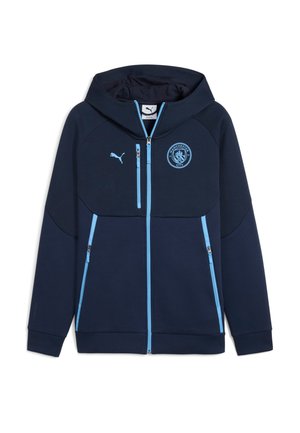Marineblauer Kapuzenpullover mit Reißverschluss und blauem Akzent. Verfügt über einen hohen Kragen, zwei Reißverschlusstaschen und ein Manchester City Logo auf der Brust. Weicher Stoff.