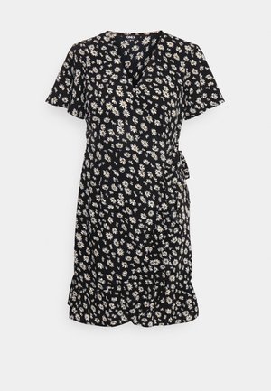 Schwarzes Wickelkleid mit kurzen Ärmeln und weißem Gänseblümchen-Muster, V-Ausschnitt, seitlicher Taillenbindung und gerafftem Saum.