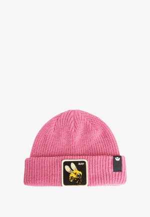 Gorro de punto rosa con vuelta, adornado con un parche rectangular que presenta un gráfico de una abeja y la palabra "OCUPADO". Tela texturizada.