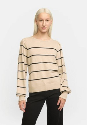 Beige sweater with black horizontal stripes, crew neckline, long sleeves, and ribbed hem. Soft texture with slightly puffy shoulders.