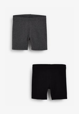 Grijze en zwarte katoenen shorts met een gladde textuur, voorzien van een elastische tailleband en een slim fit ontwerp. Geplaatst in een gestapelde positie.
