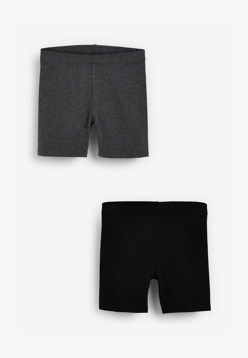 Grey and black cotton shorts with a smooth texture, featuring an elastic waistband and a slim fit design. Arranged in a stacked position.