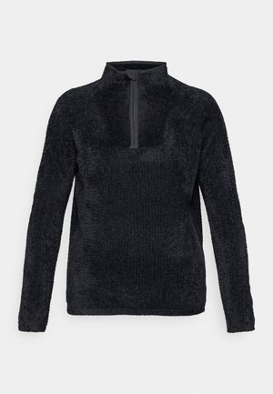 Tumši pelēkās krāsas flīsa džemperis ar pusi rāvējslēdzēja apkakli, garām piedurknēm, teksturētu virsmu un brīvu piegriezumu. Vienkāršs un funkcionāls dizains.