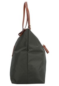 Sac en tissu vert foncé avec une silhouette décontractée, des anses en cuir marron et une fermeture éclair sur le côté. Présente une finition texture lisse.