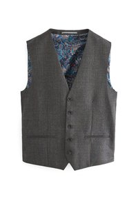 Vest gri cu carouri, cu cinci nasturi, două buzunare frontale și o căptușeală interioară albastră cu un model floral.