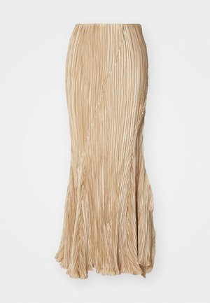 Pleated beige maxi skirt featuring a flared hemline, lightweight fabric, and a smooth texture with subtle sheen.