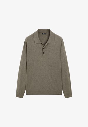 Light olive green long-sleeve polo shirt with collar and three black buttons down the front.