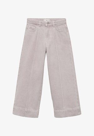 Jasnoszare dżinsy o szerokich nogawkach wykonane z fakturowanego denimu, z dwoma przednimi kieszeniami, zapięciem na guzik i prostym dołem z delikatnym przeszyciem.