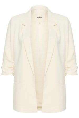 Cremefarvet blazer med en glat tekstur, åben front, skræddersyet design, skulderrynkninger og to frontlommer. Mærket indeni siger "soaked."