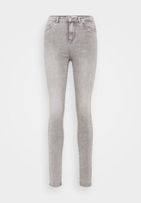 Pantalones vaqueros ajustados de talle alto en gris con un acabado desgastado, que cuentan con cinco bolsillos, presillas para cinturón y un cierre de cremallera oculta.