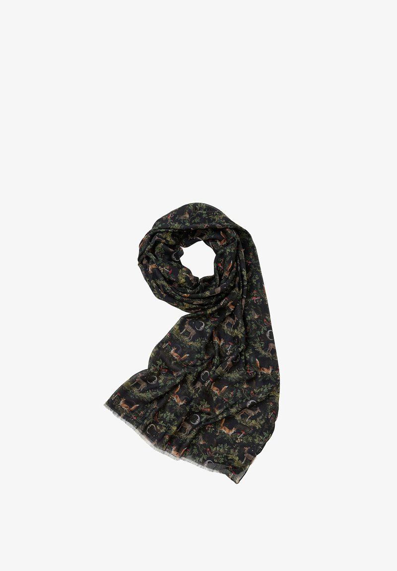 Multicolored scarf with a black base featuring a forest print of animals and plants. Lightweight fabric with fringed edges.
