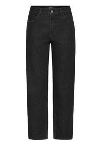 Pantalones de mezclilla negros con corte recto, que cuentan con un cierre frontal de botón y cremallera, y cinco bolsillos. Costuras de color contrastante.