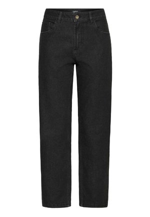 Pantaloni in denim neri con taglio dritto, dotati di un resistente bottone frontale e chiusura con zip, oltre a cinque tasche. Cuciture a contrasto.