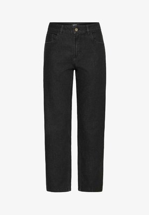 Sorte denimbukser med lige snit, der har en frontknap og lynlåslukning samt fem lommer. Syede sømme i kontrastfarve.