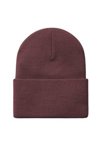 Beanie a magenta in maglia con risvolto, che mostra una fine texture a coste, collocato su uno sfondo bianco.